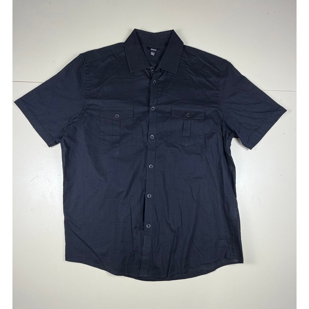 ALFANI Casual Button-Down Shirt Men's Navy L Cotton Blend Short Sleeve Pockets